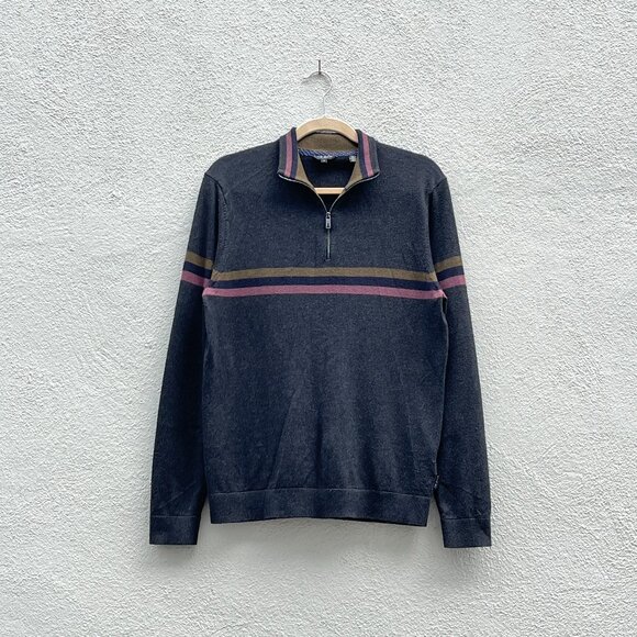 Men's Ted Baker London Charcoal Gray Striped Henley Pullover Sweater Medium - Picture 1 of 7